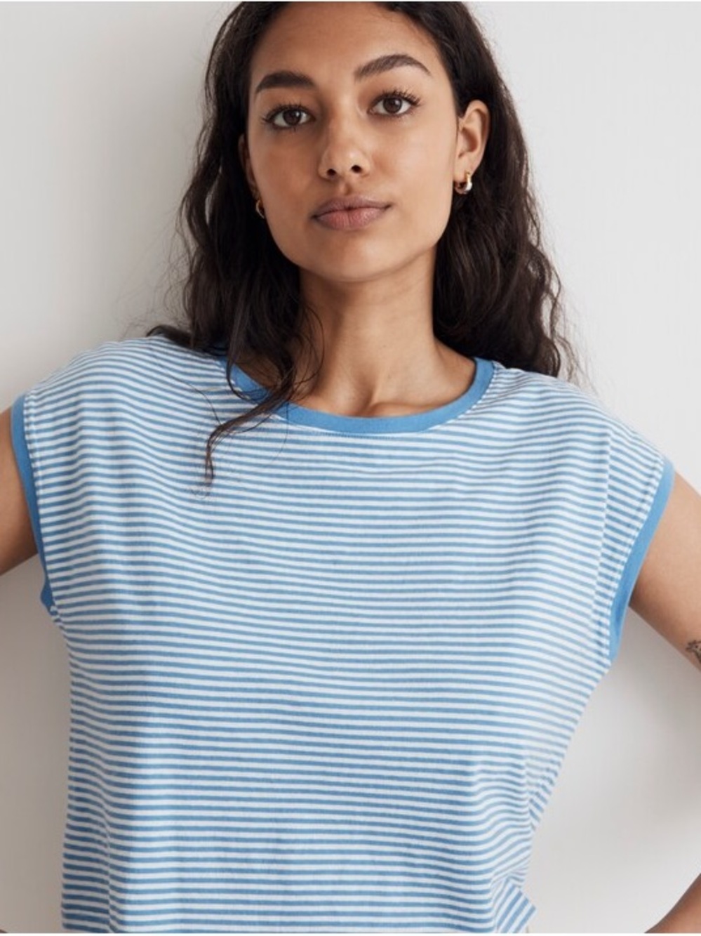 Madewell Striped Crop Muscle Tank Top Size M Blue White